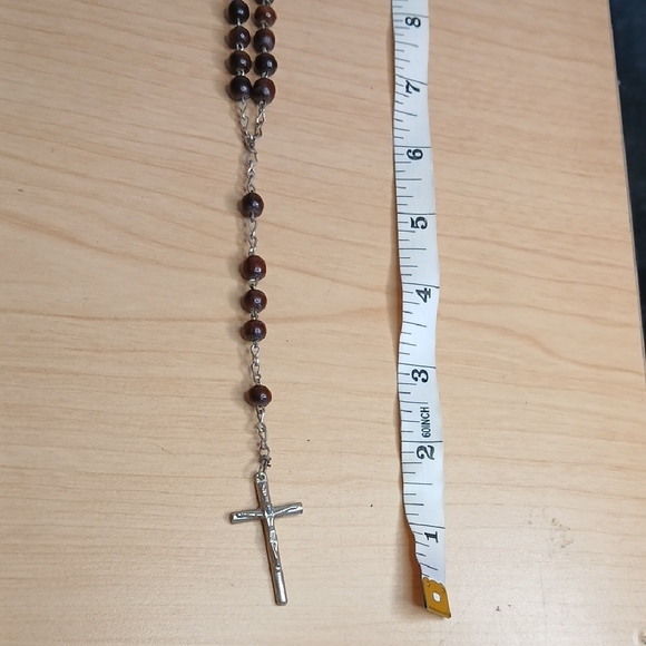 Vintage Silver and Brown Beaded Rosary Necklace - Picture 4 of 6